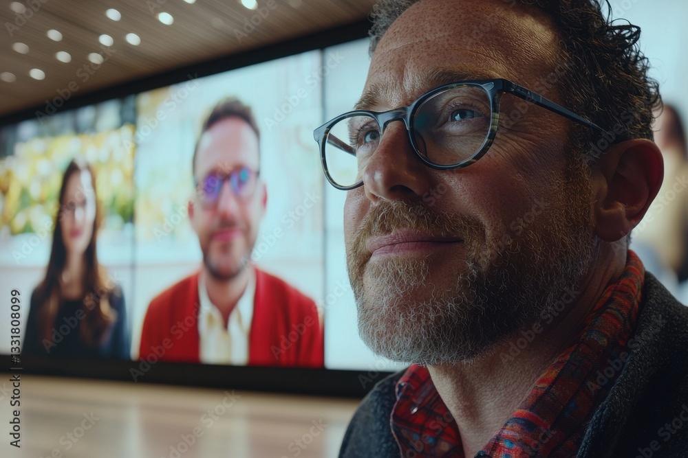 Poster a smiling man with glasses participates in a video conference with colleagues, creating a sense of c