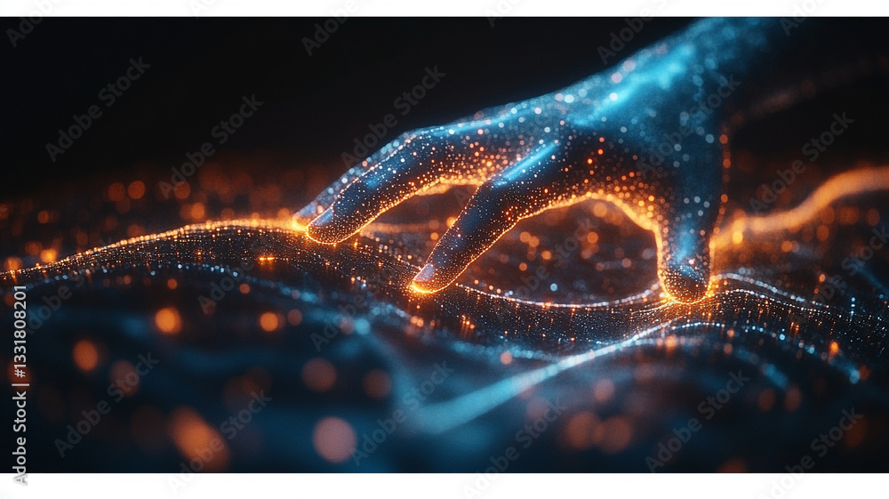 Poster glowing hand interacting with luminous particle surface