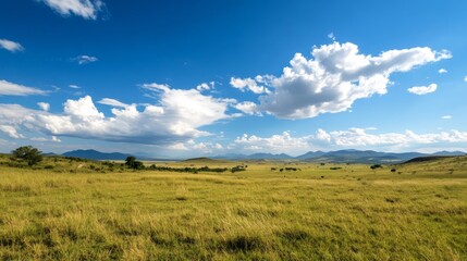 Obraz premium a vast open grassland landscape under a clear blue sky.