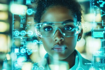 Intense portrait of a focused scientist in safety glasses surrounded by glowing data visualizations, reflecting cutting-edge research and technological advancement.
