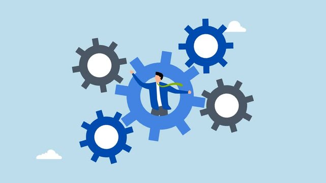 Process and workflow optimization, 4k animation businessman on gear, cogwheels optimize process.