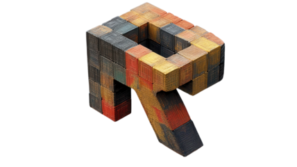Colorful geometric sculpture made of wooden blocks positioned on a white background