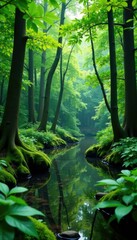 Obraz premium Dense foliage surrounding a small pond in the woods, nature, water, forest