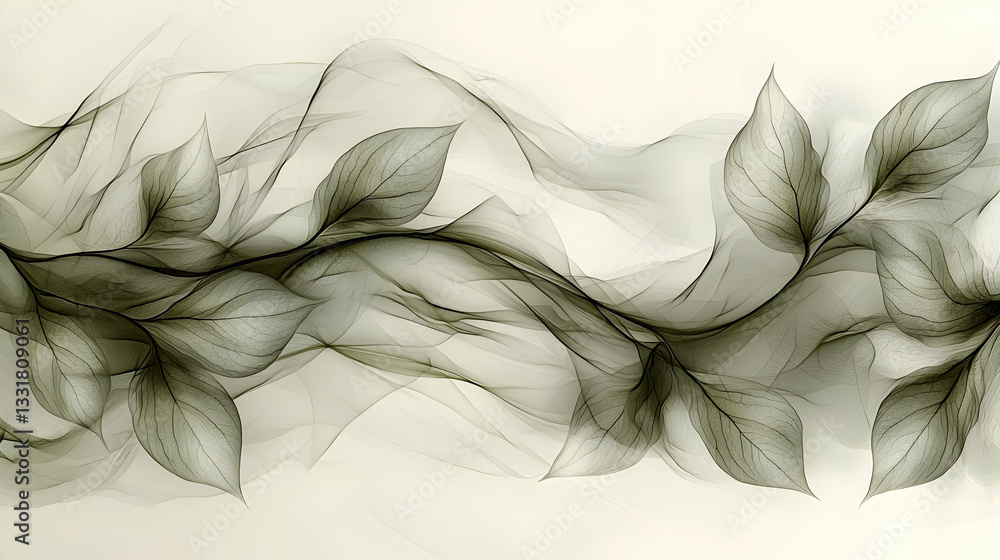 Poster gray scale sheer fabric with delicate leaves and branches pattern