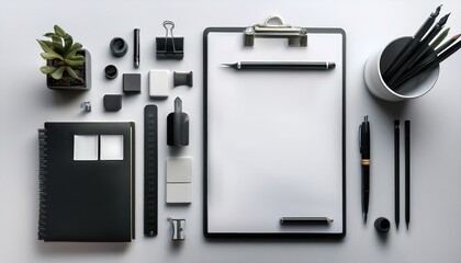  Flat lay of minimalist stationery and writing tools on a clean white surface. 