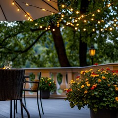 Obraz premium Evening garden patio dining, lights, flowers. Website, blog use