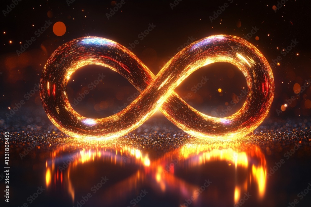 Poster bright glowing infinity symbol on a dark reflective surface with shimmering particles in the backgro