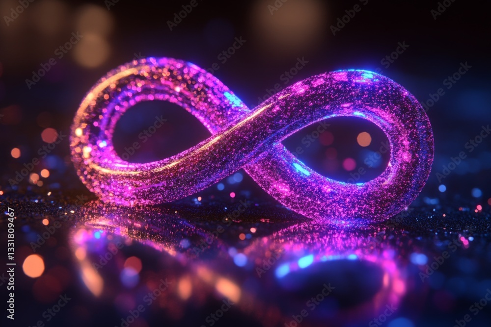 Aufkleber colorful sparkling infinity symbol resting on a reflective surface with a vibrant light backdrop