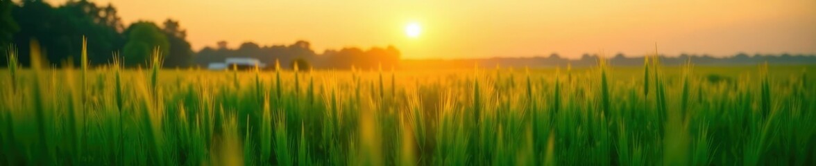 Fototapeta premium Gentle breeze rustles the blades of tall green grass as sun dips low in the horizon, landscape, field, grass