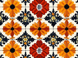 Floral Tile Pattern, Orange & Red