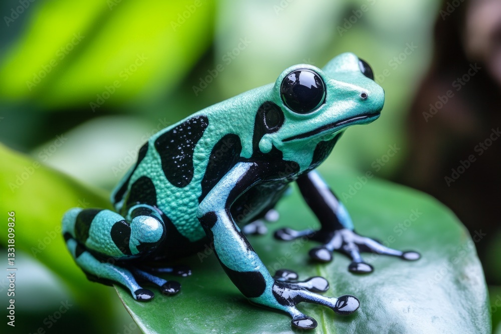 Poster colorful amphibian resting on a tropical leaf in a vibrant rainforest setting during daylight hours