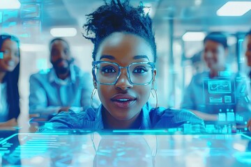 An African-American woman wearing glasses interacting with futuristic technology, leading a diverse team in a modern office environment, collaborating on innovative projects.