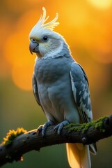 Obraz premium A graceful cockatoo perched on a mossy branch, bathed in the warm glow of the setting sun, showcasing its vibrant plumage and elegant posture.