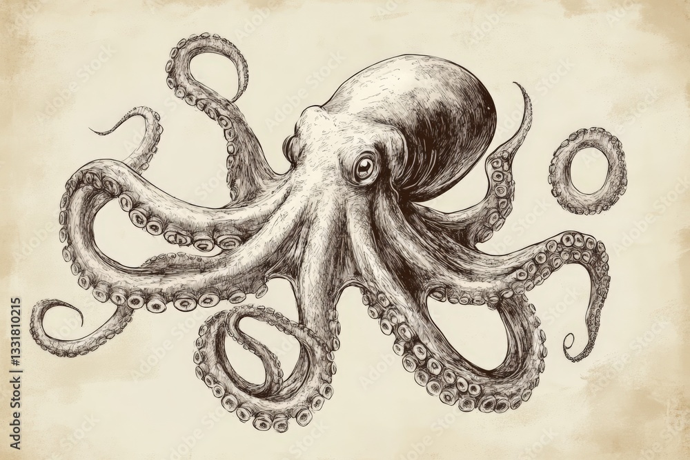 Poster detailed illustration of an octopus in artistic style with intricate tentacles and unique features