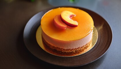  A chic peach cake with a single ripe peach slice artfully arranged as decoration. 