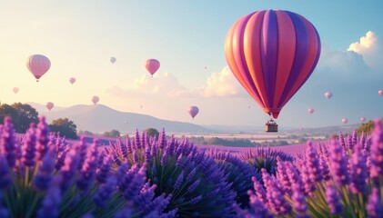 Fototapeta premium Gentle landing of hot air balloon amidst purple lavender blooms, balloons, peaceful