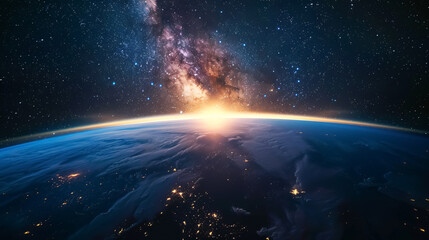Obraz premium Landscape with the Milky Way galaxy. Sunrise and Earth view from space with the Milky Way galaxy.
