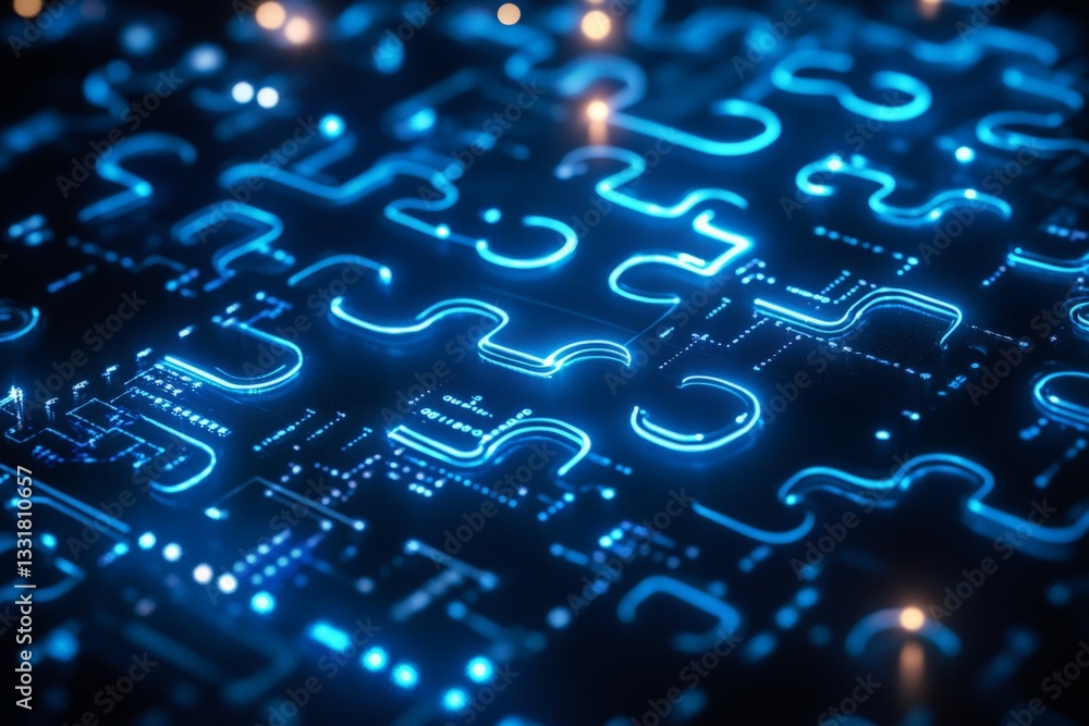 Poster Illuminated puzzle circuit pattern showcasing advanced technology in a dark environment