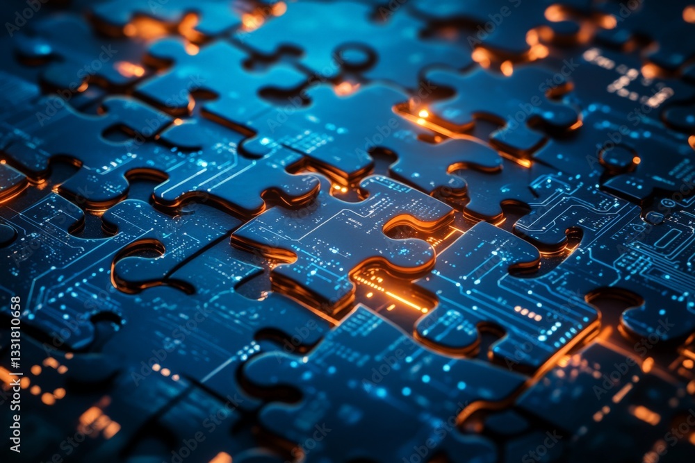 Aufkleber Intricate puzzle pieces illuminated with glowing circuitry create a captivating digital display