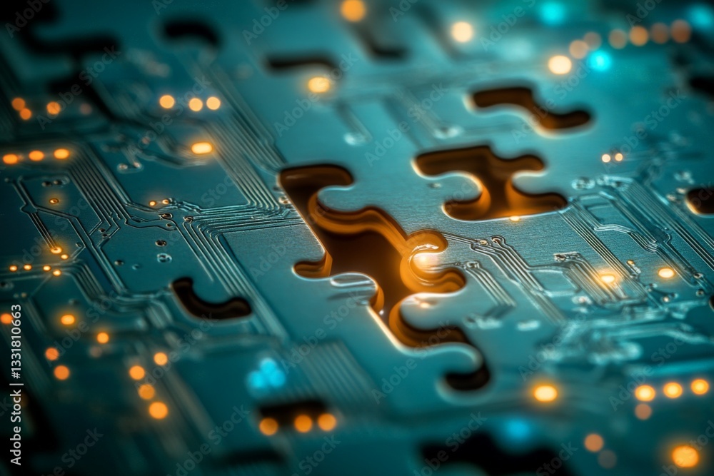 Aufkleber intricate electronic puzzle piece with glowing circuits and connections on a dark background