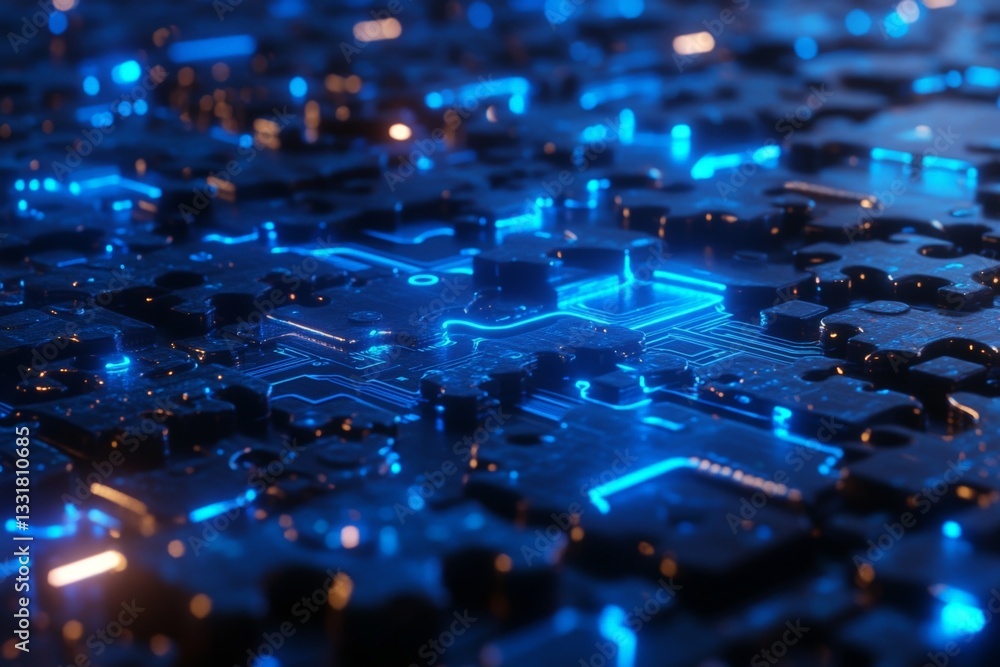Poster Neon circuit board with glowing patterns showcasing advanced technology in a dark environment