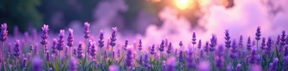 Obraz premium Gentle lavender smoke drifts through a peaceful meadow,, florescent