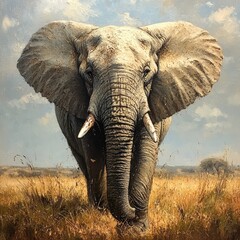 Naklejka premium Majestic Elephant Standing in Open Savanna Under Bright Blue Sky