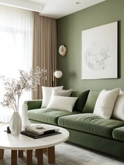 Modern, calming living room with sage green walls, soft neutral tones, and a comfortable sofa