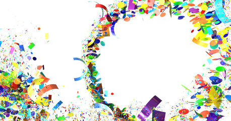 A vibrant celebration image featuring colorful confetti and ribbons exploding on a white background. Perfect for birthday, party, and festive designs.