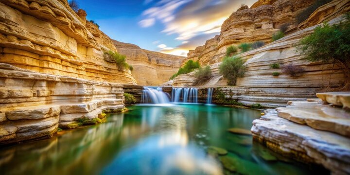 En Avdat National Park Waterfall, January, Negev Desert, Israel - Tilt-Shift Photography