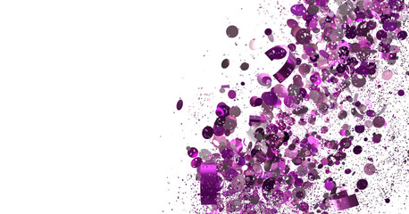 Vibrant purple confetti burst on white. Ideal for celebration, party, or festive designs.