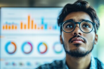A thoughtful young professional in glasses analyzes business data visualizations on a computer screen, focusing on strategy and innovative solutions, and future growth.