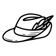 Bavarian hat. Hand drawn doodle. Traditional Tyrolean headdress. Oktoberfest festival costume. Head wear. Alpine accessory. Vector line art illustration.