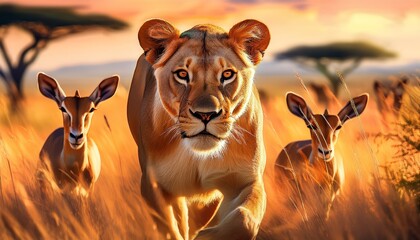 A dynamic illustration of a lioness moving stealthily through the tall grasses, her muscular body low to the ground, eyes focused, preparing for the perfect moment to pounce