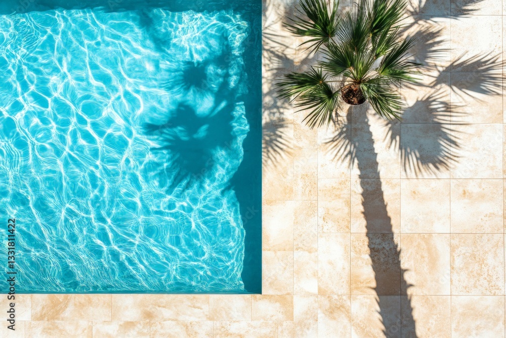 Poster crystal clear water glistens under the sun beside a palm tree in a relaxing pool setting