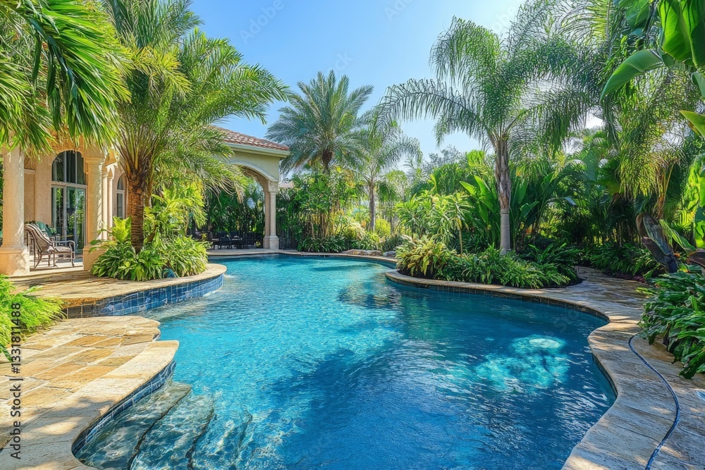 Poster relaxing afternoon by the serene pool surrounded by lush tropical plants in a beautiful garden setti