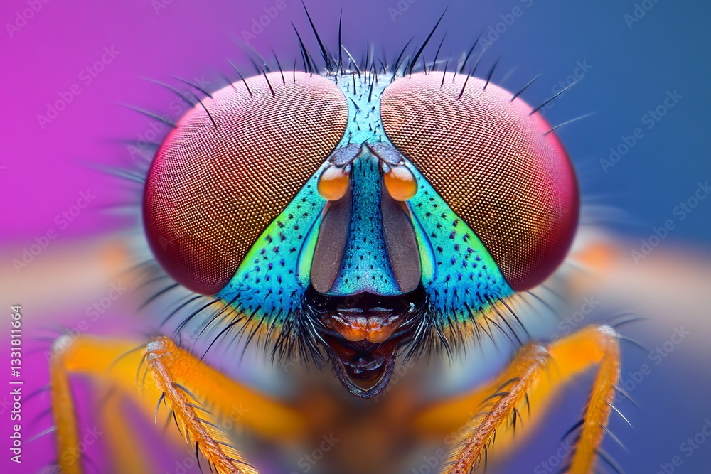 Poster vibrant close-up of a colorful fly showcasing intricate details and textures in nature