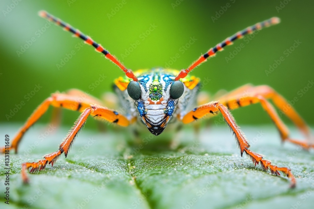 Poster colorful insect perched on a leaf in a lush green environment showcasing intricate features and vibr