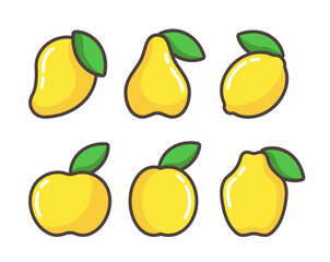 Yellow fruits with green leaves and black outline. Simple stylized vector icons.