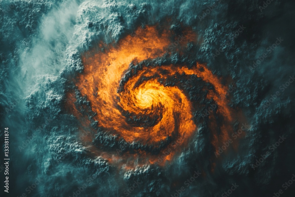 Poster Fiery spiral of clouds illuminated by a dynamic orange glow during twilight hours