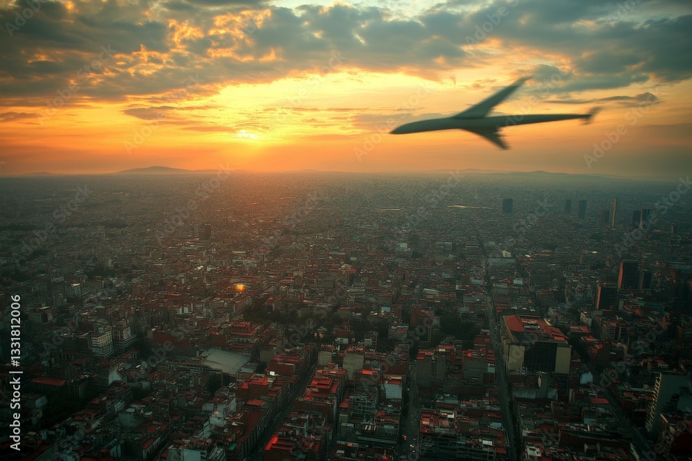 Aufkleber sunset view of a city with an airplane flying over during evening hours