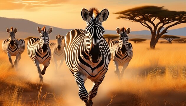 A dynamic illustration of zebras galloping across the open savannah, their black-and-white stripes blending with the golden grass as they move swiftly, embodying the energy of the wild - Powered by Adobe