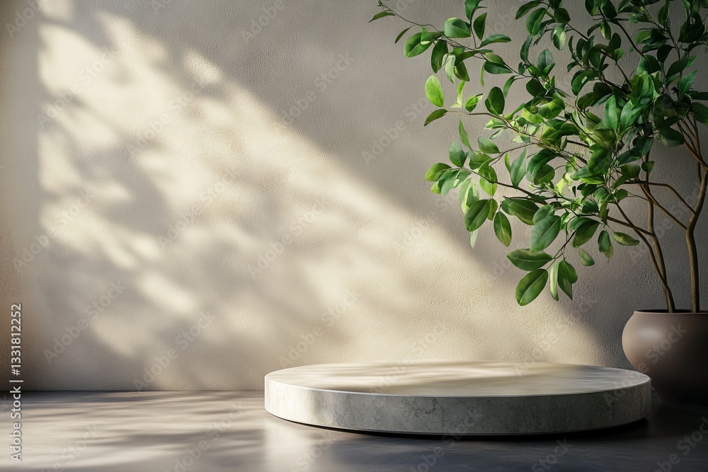 Poster soft light reveals a serene indoor setting with a plant and a minimalist display platform
