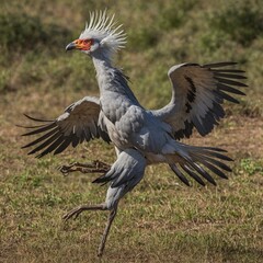 Fototapeta premium A secretary bird mid-stride in flight, long legs extended.
