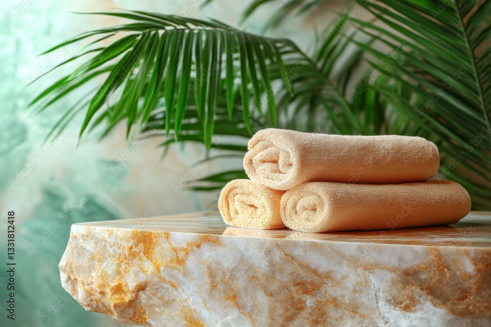 Poster soft orange towels neatly stacked on a marble countertop surrounded by lush green foliage in a seren