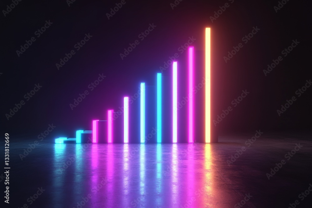 Poster Vibrant neon bar graph illustrating growth in a dark atmospheric environment with colorful light reflections