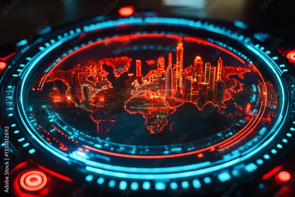 Poster digital depiction of a futuristic city skyline displayed on a holographic map with vibrant colors