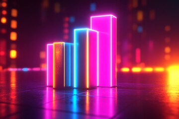 Vibrant neon bars showcasing growth trends in a futuristic cityscape at night