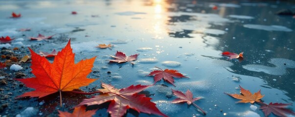 Maple leaves scattered across the frozen lake surface, icy water, autumnal colors