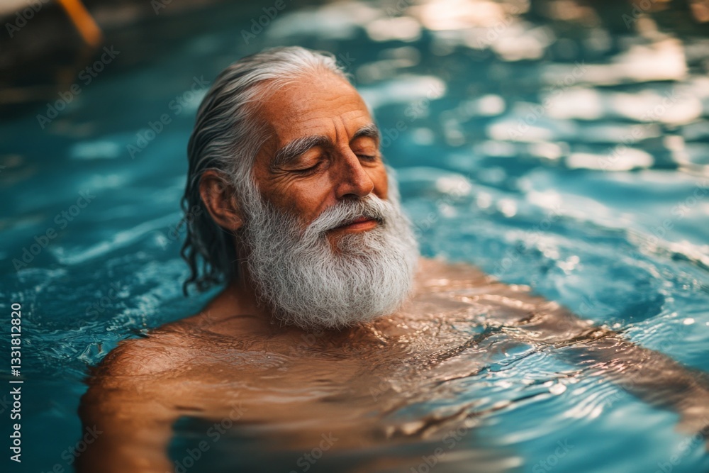 Poster elderly man enjoying a serene moment while floating in a pool on a sunny day